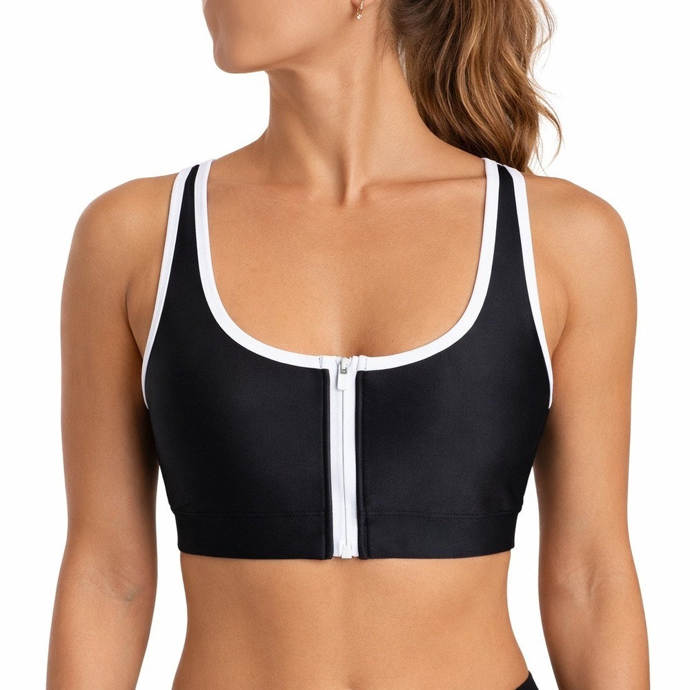 Old Navy Black Zip Front Swim Top Sports Bra Black w/White Trim Medium NWT